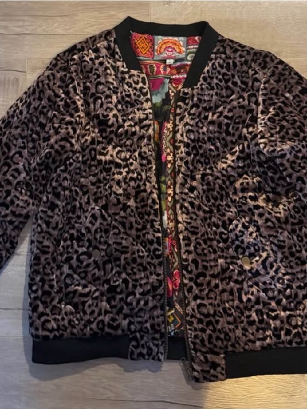 Johnny Was Brown and Black Leopard Velvet Bomber Jacket